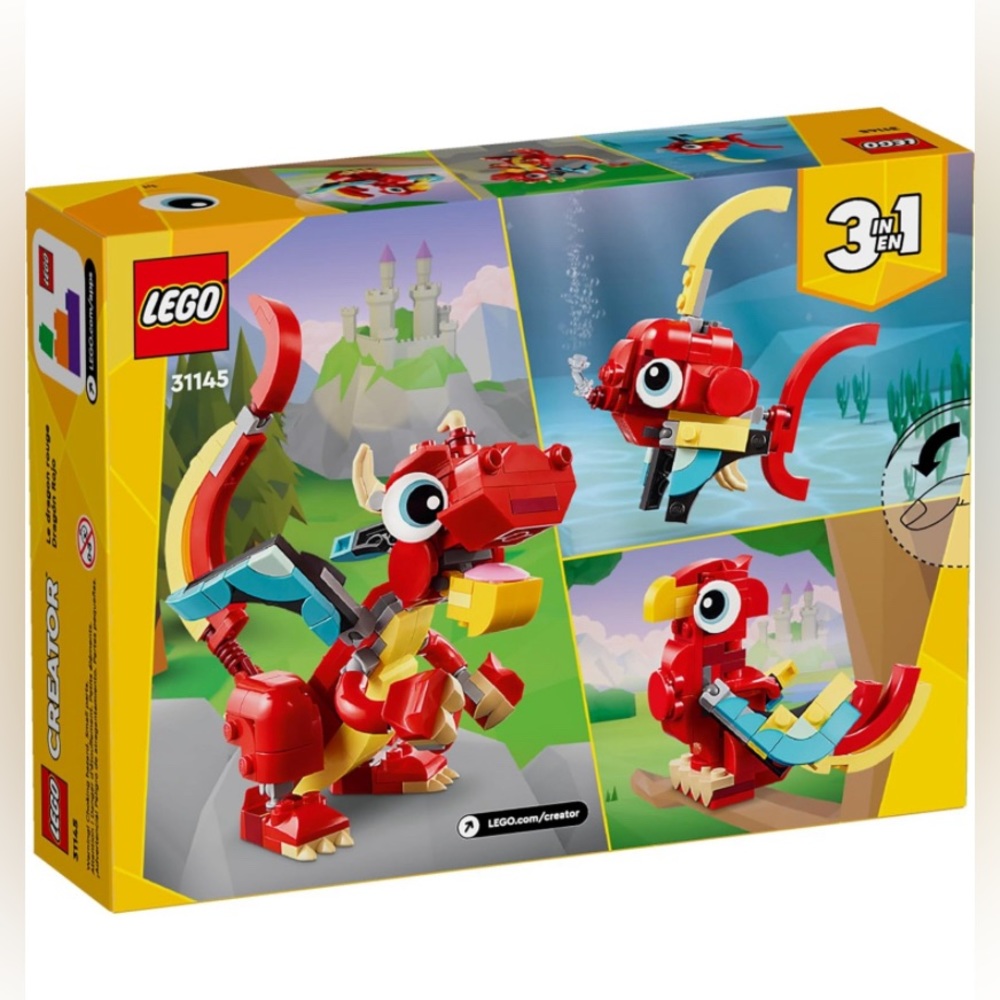 LEGO Creator 3 in 1 Red Dragon 31145, Transforms Fish to Phoenix 149 Pieces,Boys